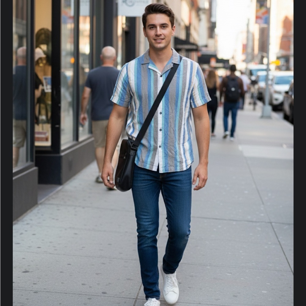 Ben Sherman short sleeve button down Striped Casual Shirt for Men- large